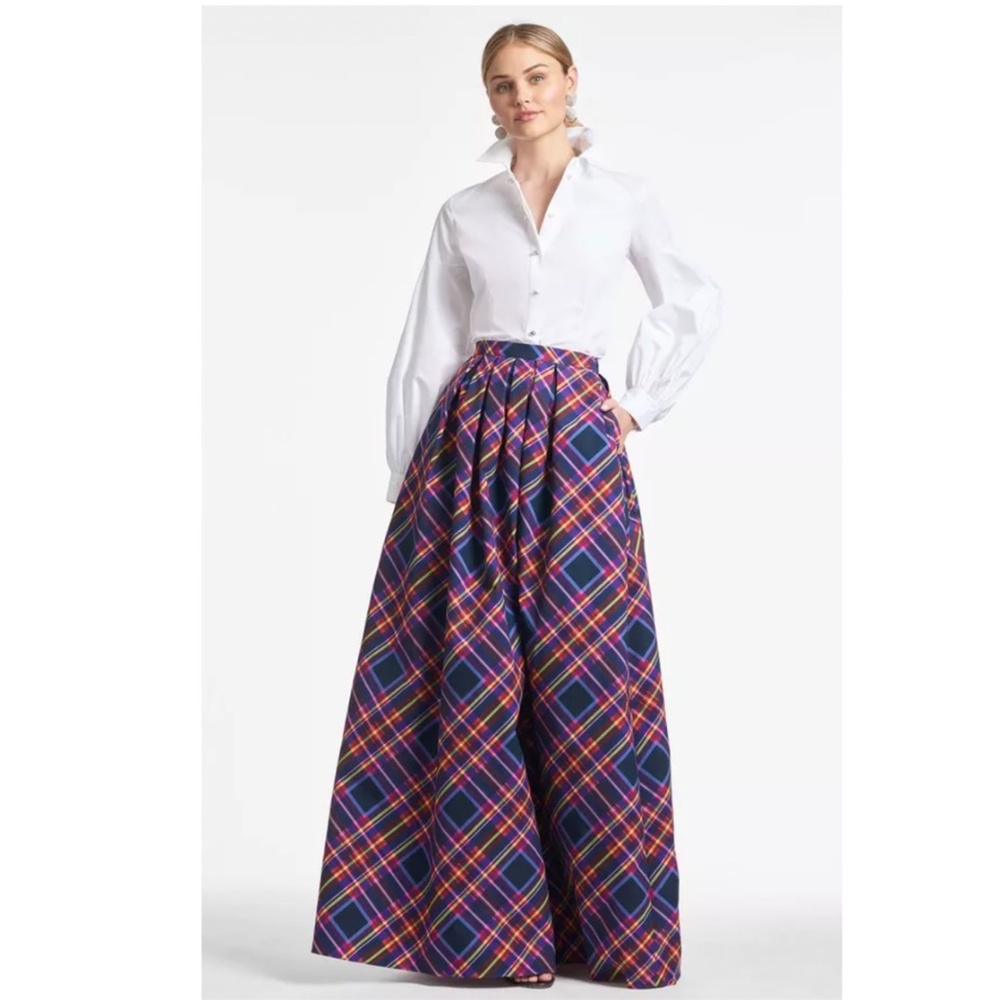 Sachin + Babi Navy Plaid Maxi Skirt with Pink and Orange Accents